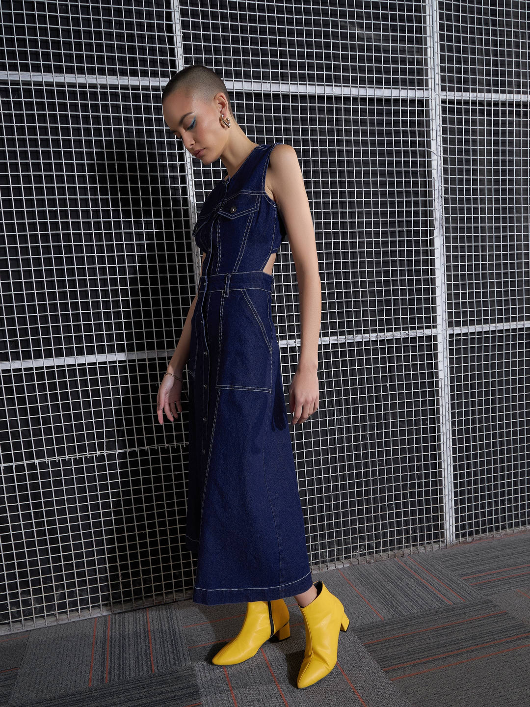 Women Navy Waist Cut-Out Midi Dress