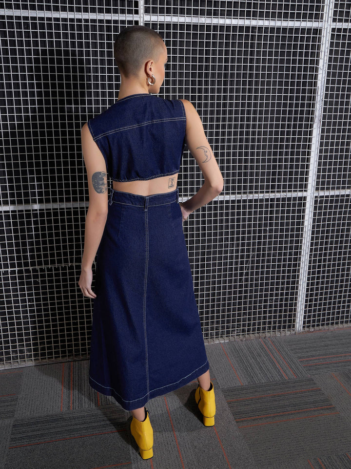 Women Navy Waist Cut-Out Midi Dress