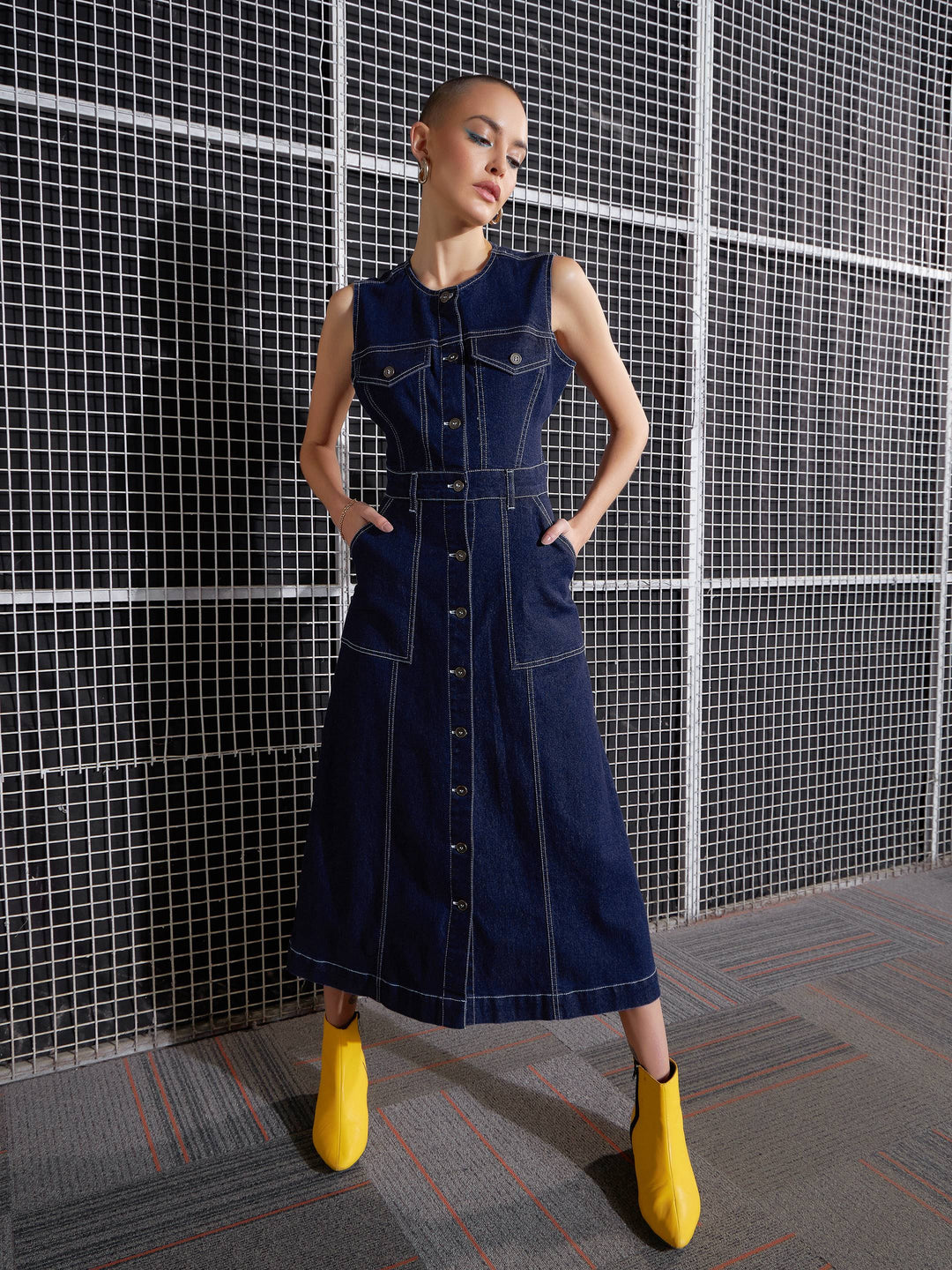 Women Navy Waist Cut-Out Midi Dress