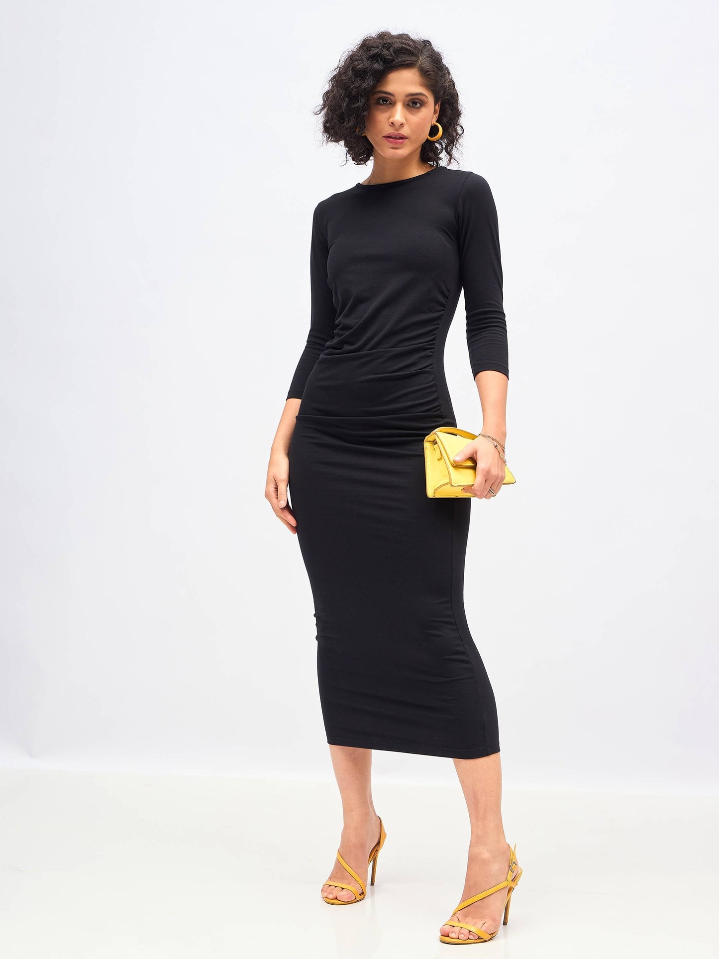 Black Waist Ruched Bodycon Maxi Dress