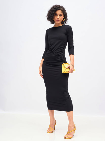 Black Waist Ruched Bodycon Maxi Dress