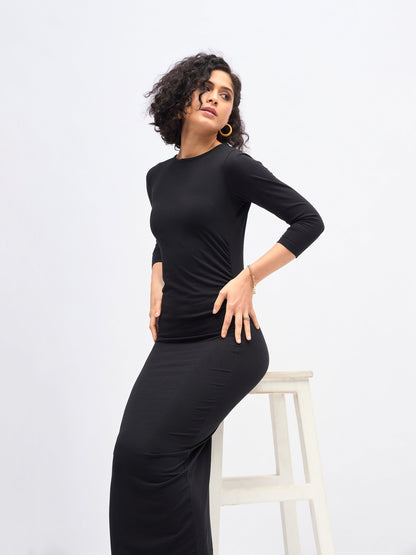 Black Waist Ruched Bodycon Maxi Dress