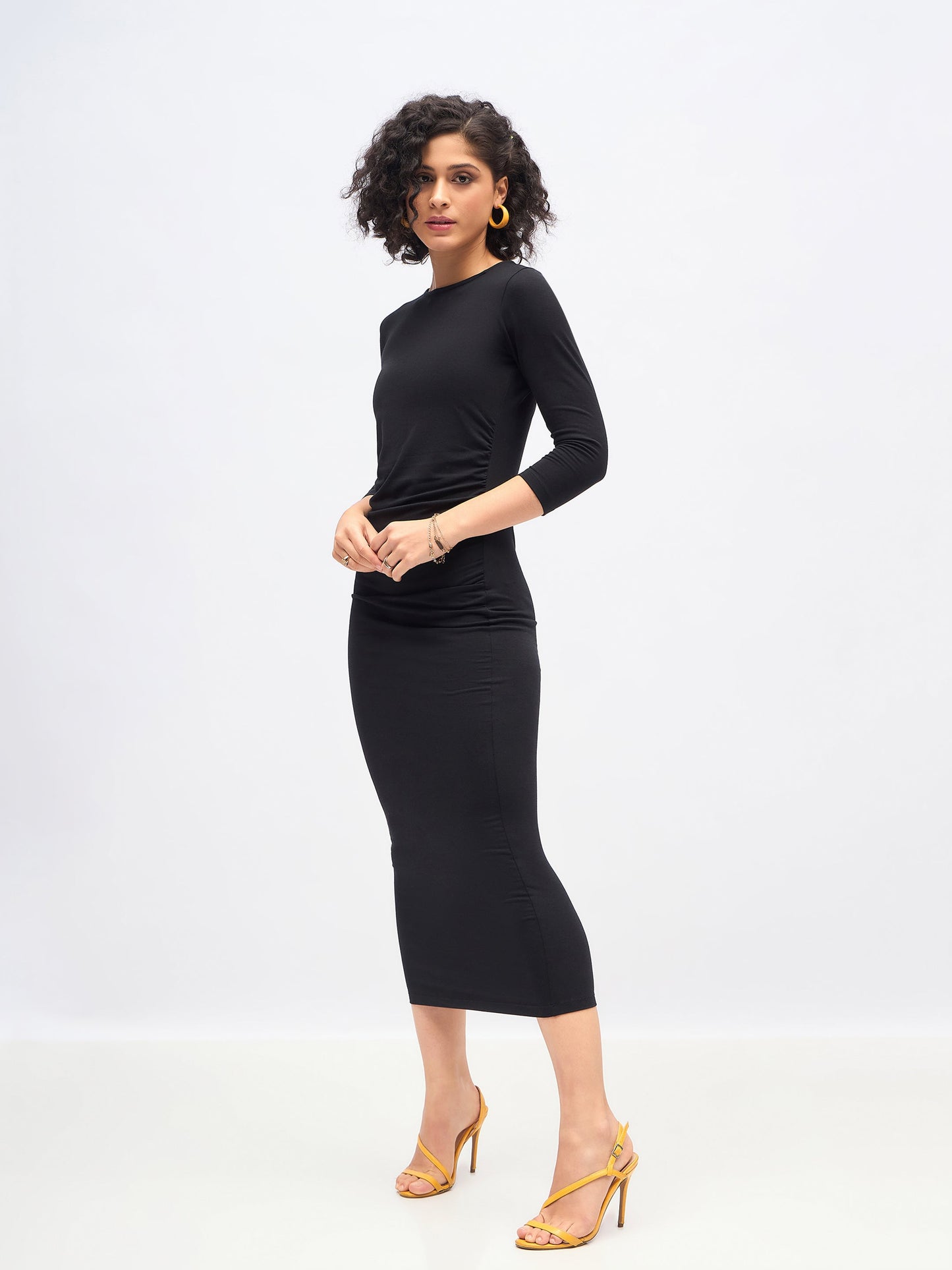 Black Waist Ruched Bodycon Maxi Dress