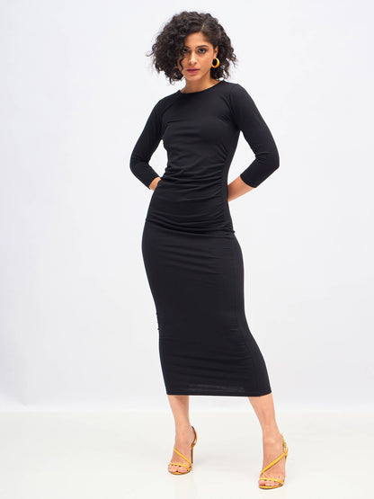 Black Waist Ruched Bodycon Maxi Dress