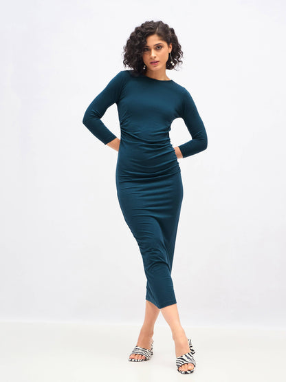 Women Teal Waist Ruched Bodycon Maxi Dress