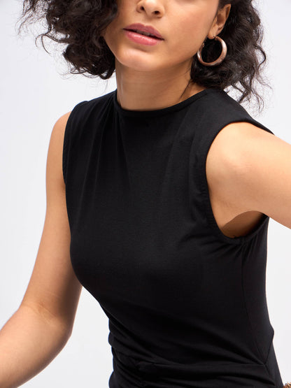 Black Ruched Sleeveless Bodycon Midi Dress