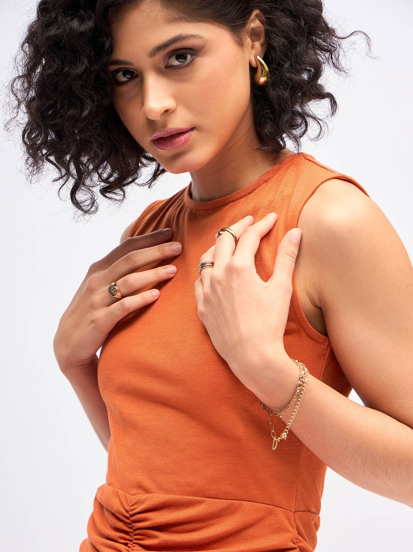 Rust Ruched Sleeveless Bodycon Midi Dress