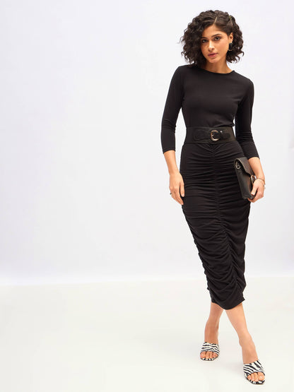 Black Ruched Bodycon Midi Dress