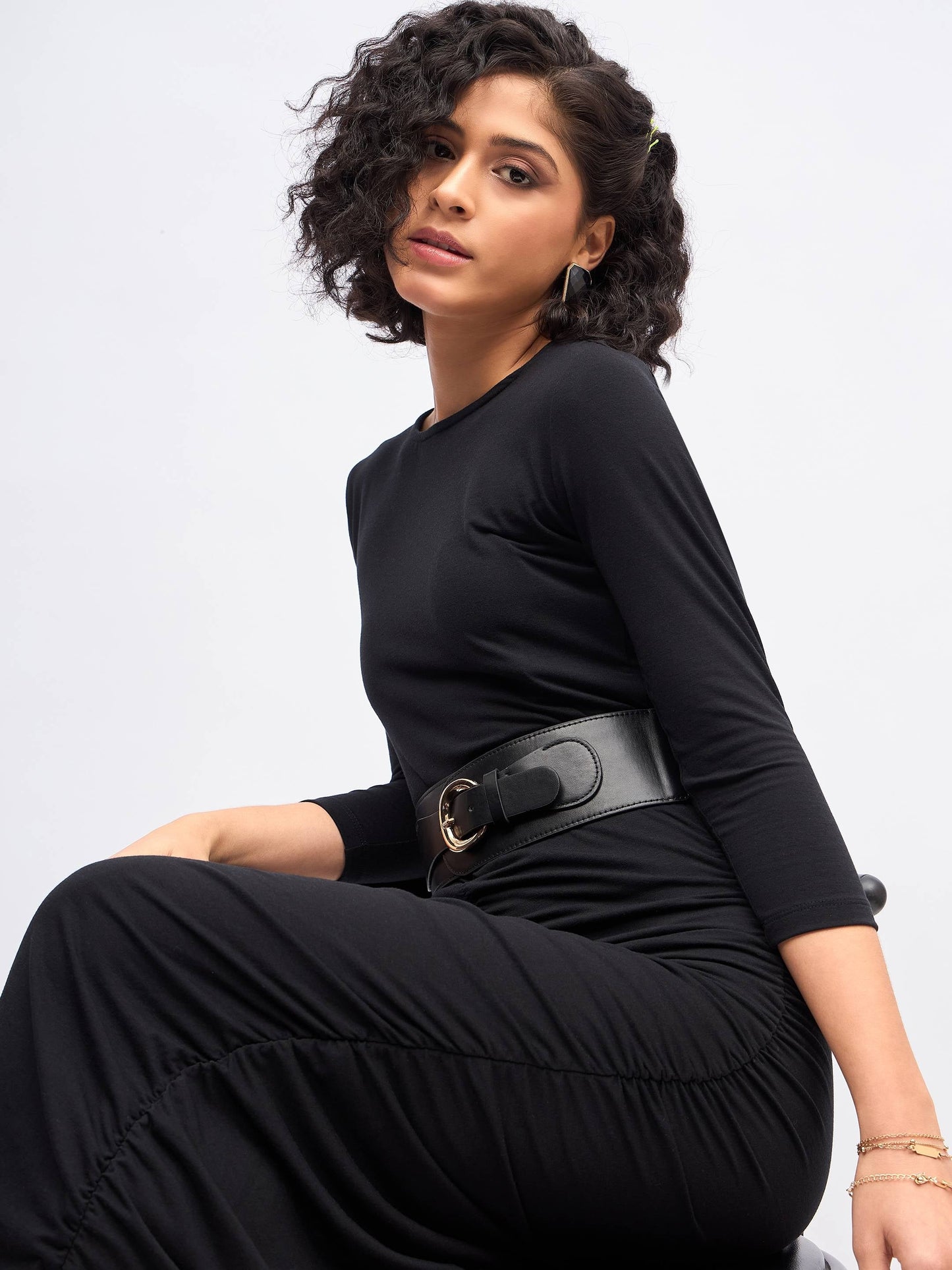 Black Ruched Bodycon Midi Dress