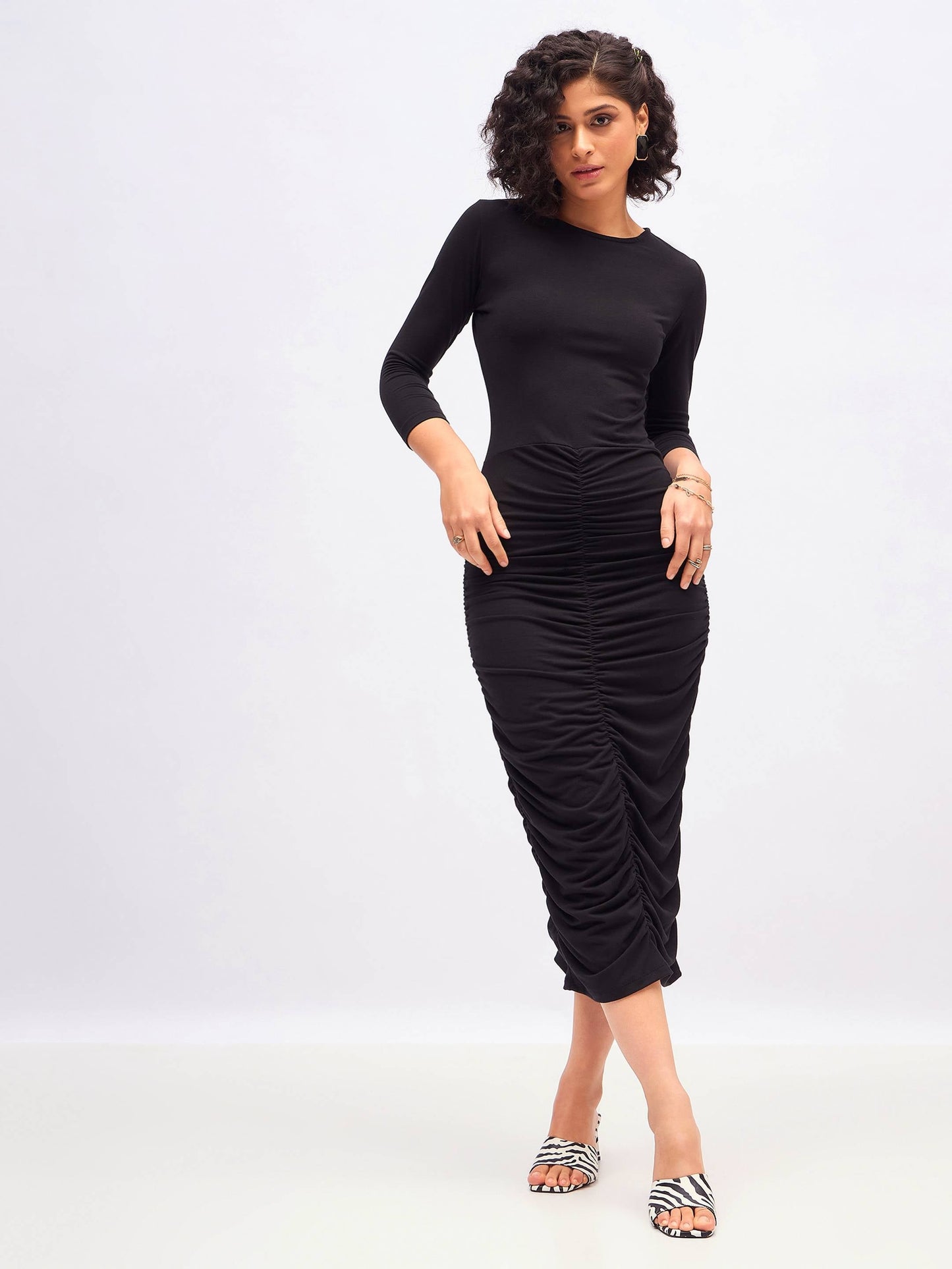 Black Ruched Bodycon Midi Dress
