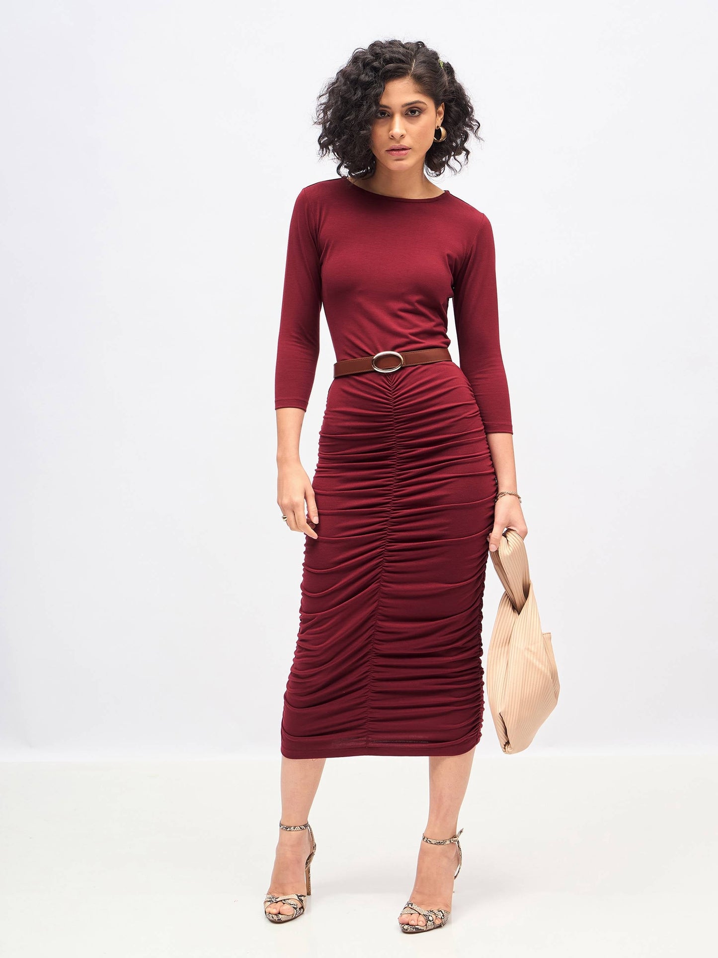 Maroon Ruched Bodycon Midi Dress