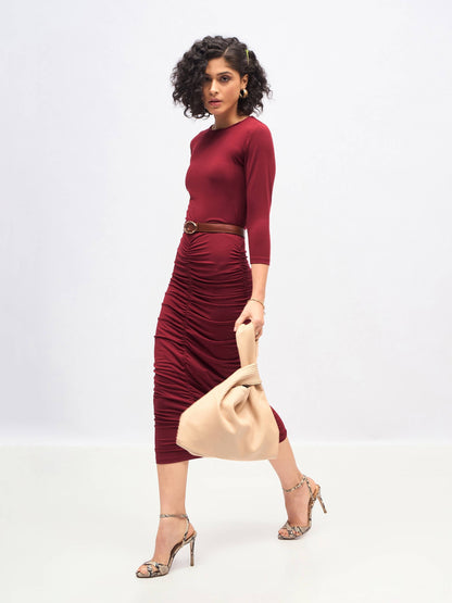Maroon Ruched Bodycon Midi Dress