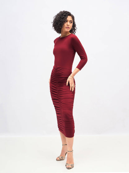 Maroon Ruched Bodycon Midi Dress