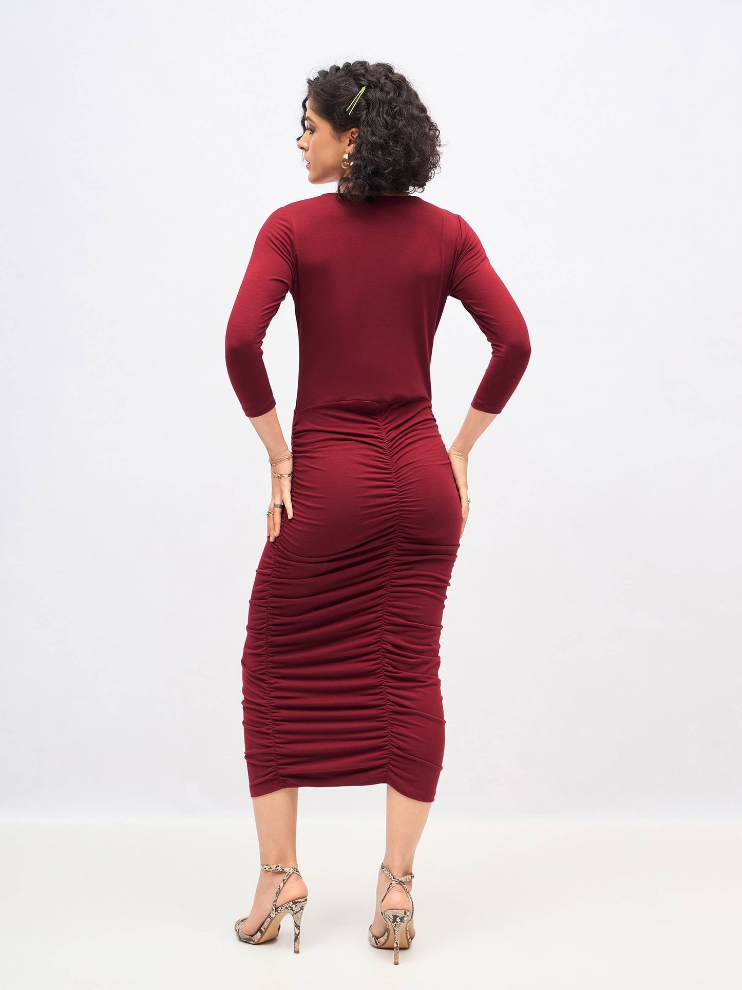 Maroon Ruched Bodycon Midi Dress