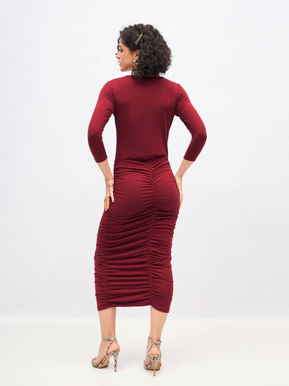 Maroon Ruched Bodycon Midi Dress