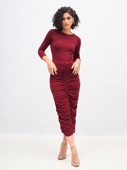 Maroon Ruched Bodycon Midi Dress