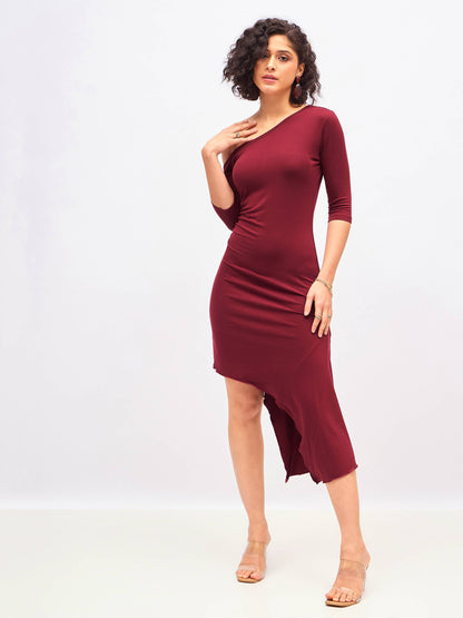 Maroon One Shoulder Asymmetric Hem Dress