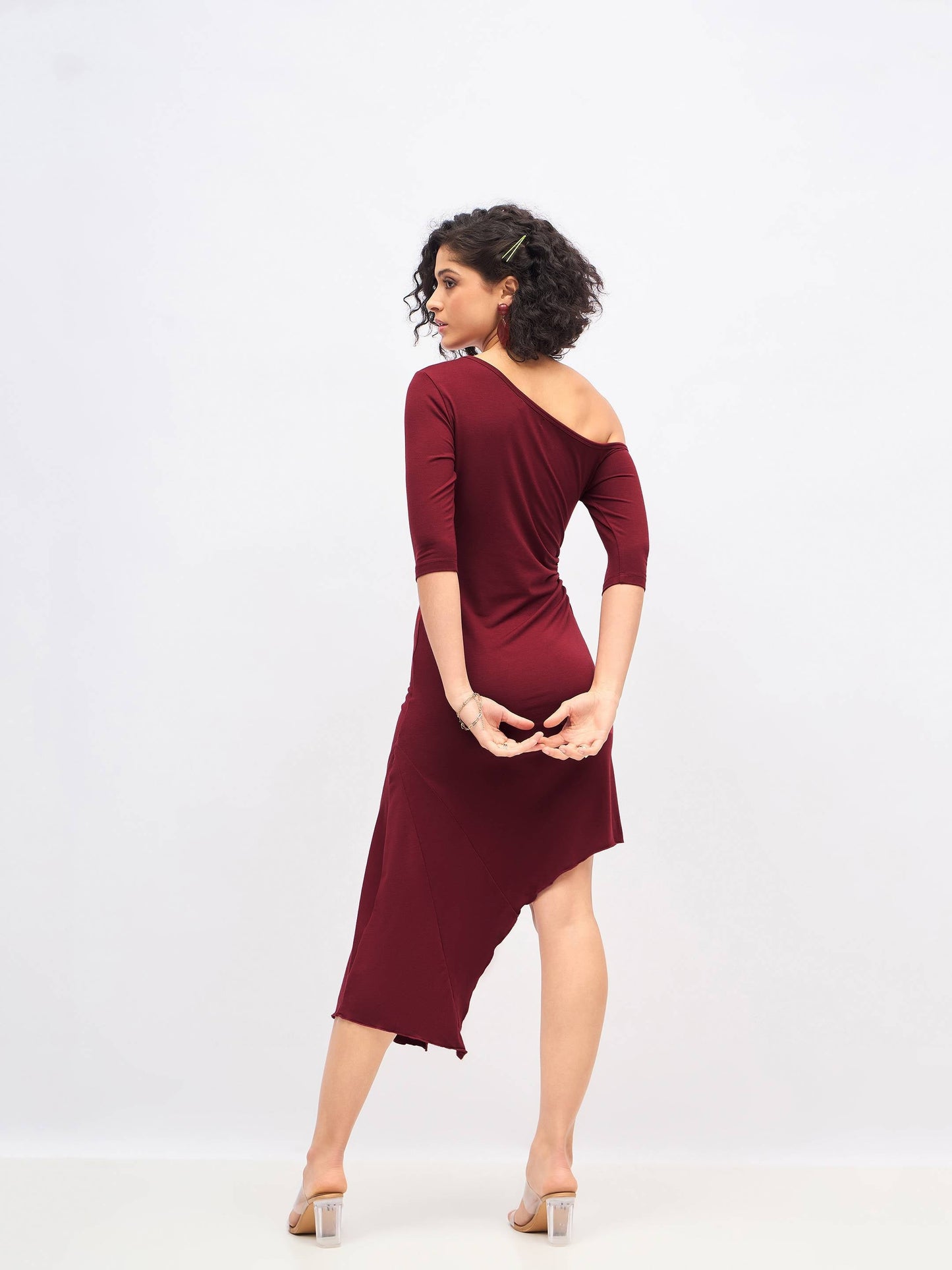 Maroon One Shoulder Asymmetric Hem Dress