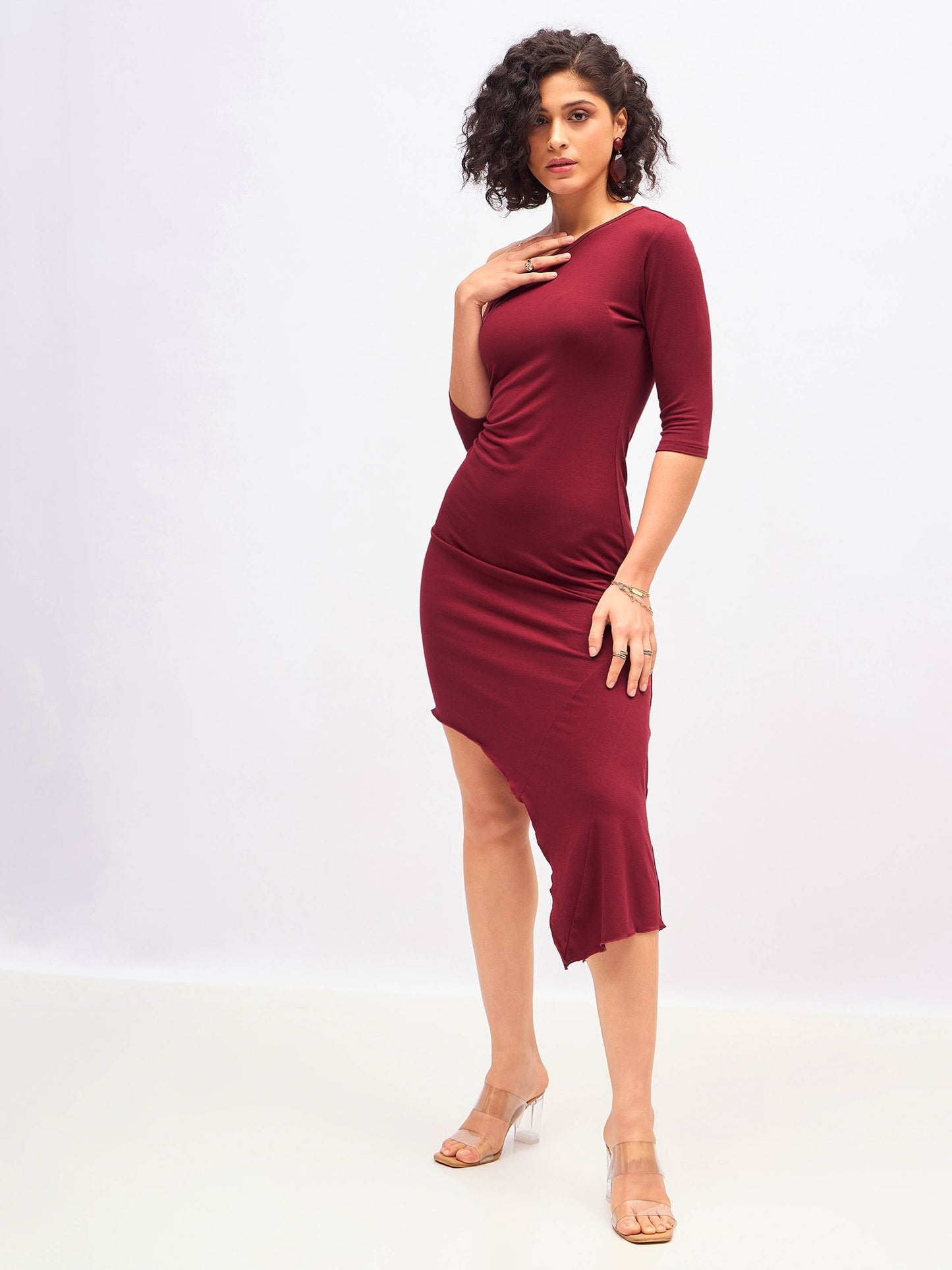 Maroon One Shoulder Asymmetric Hem Dress