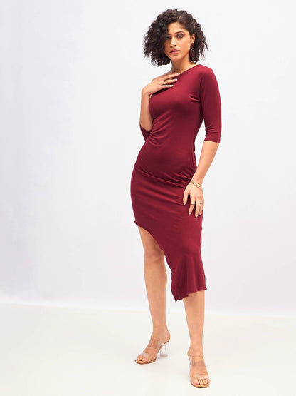 Maroon One Shoulder Asymmetric Hem Dress