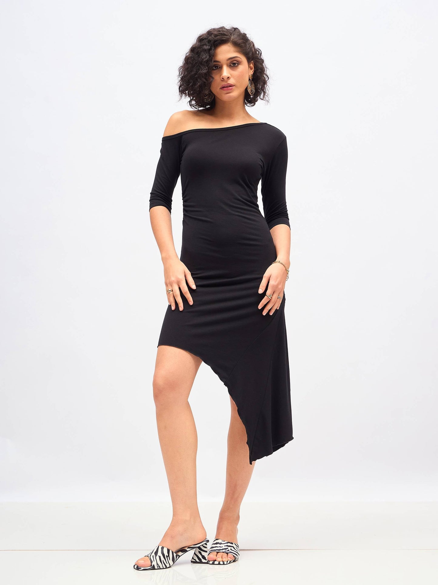 Black One Shoulder Asymmetric Hem Dress