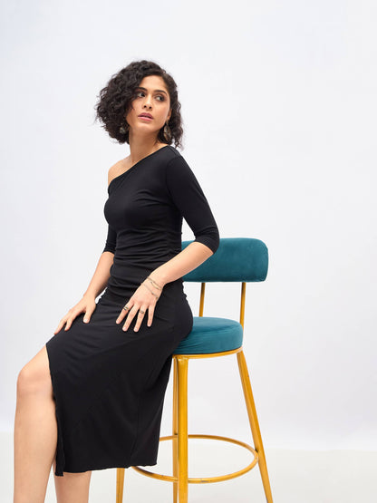 Black One Shoulder Asymmetric Hem Dress