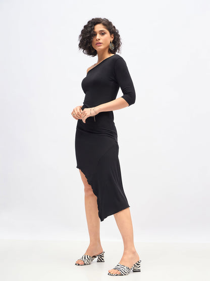 Black One Shoulder Asymmetric Hem Dress
