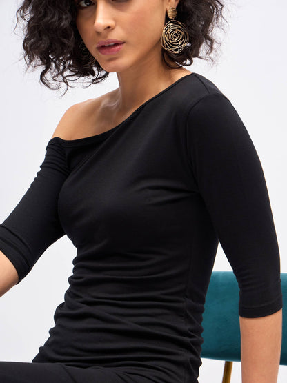 Black One Shoulder Asymmetric Hem Dress