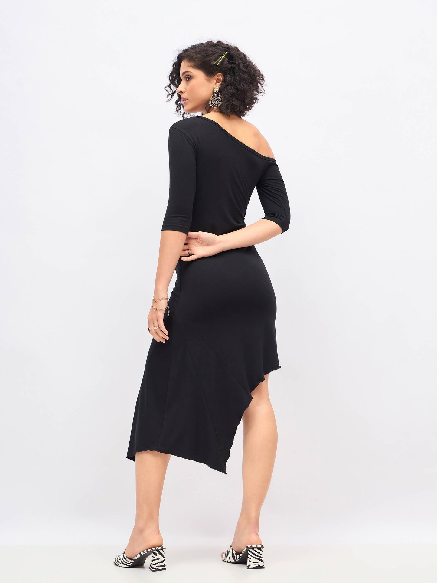 Black One Shoulder Asymmetric Hem Dress