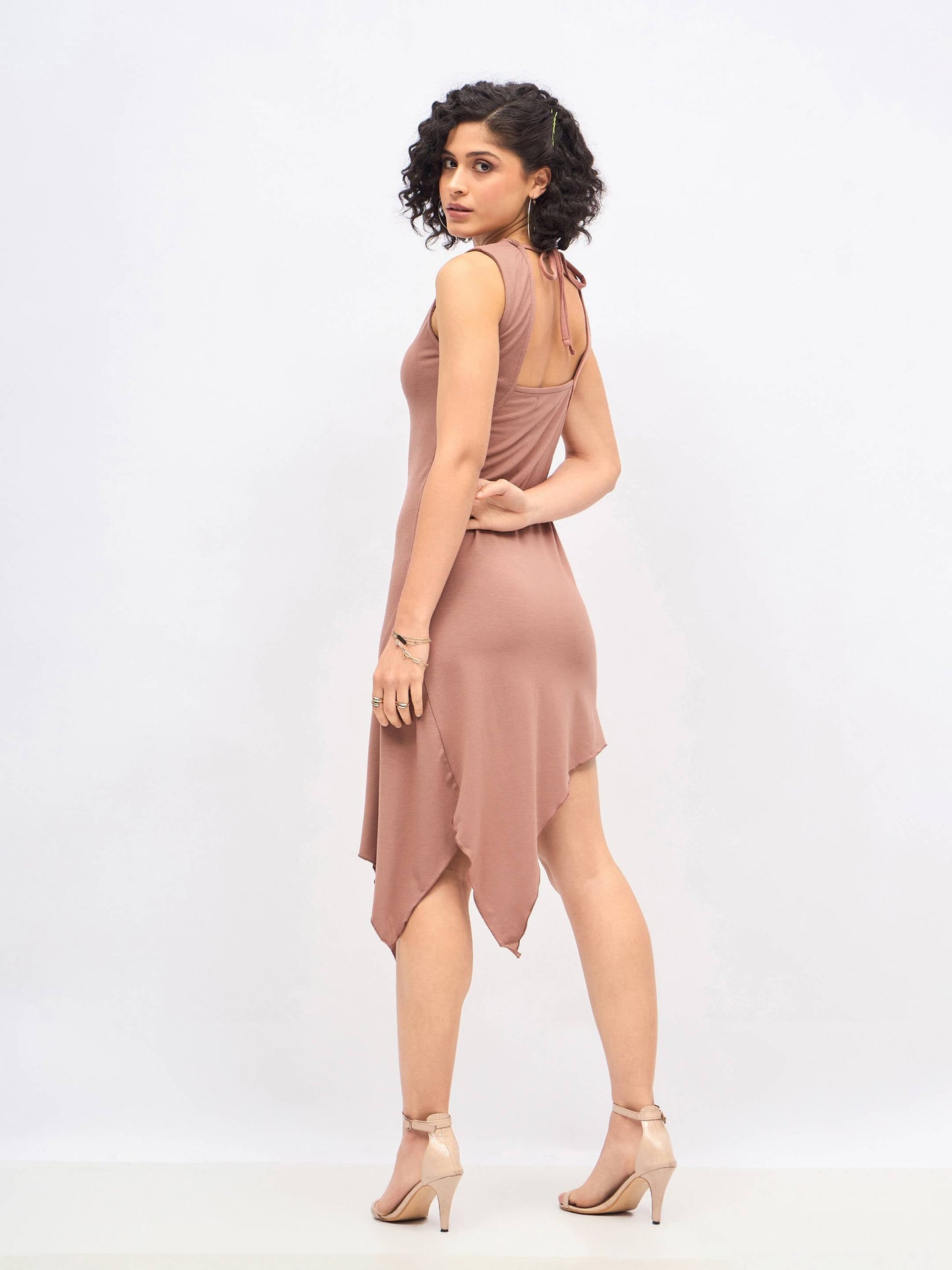 Brown Asymmetric Back Cut-Out Dress