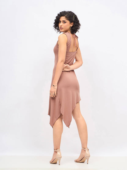 Brown Asymmetric Back Cut-Out Dress