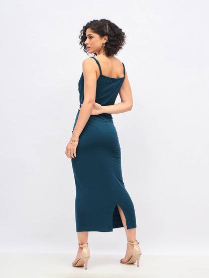 Women Teal Cowl Neck Bodycon Maxi Dress