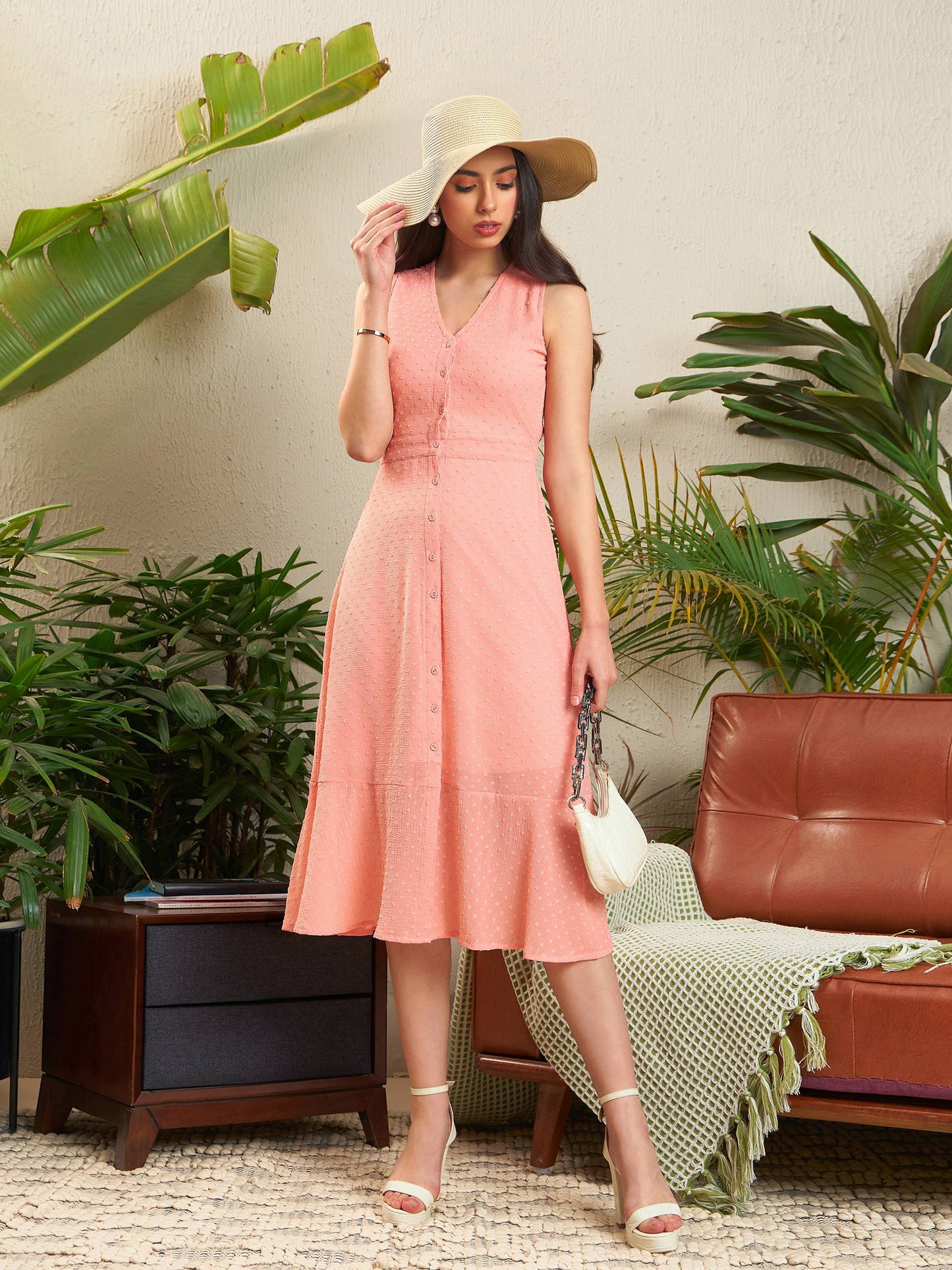 Peach Dobby Frill Hem Midi Dress