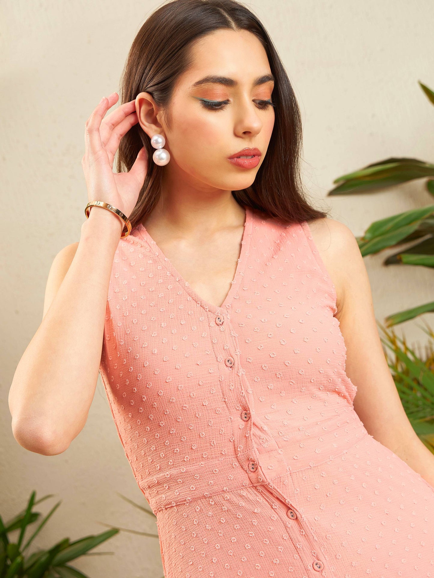Peach Dobby Frill Hem Midi Dress