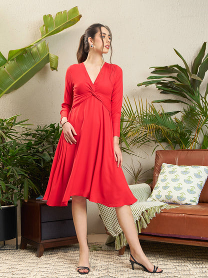 Red Front Twisted Midi Dress