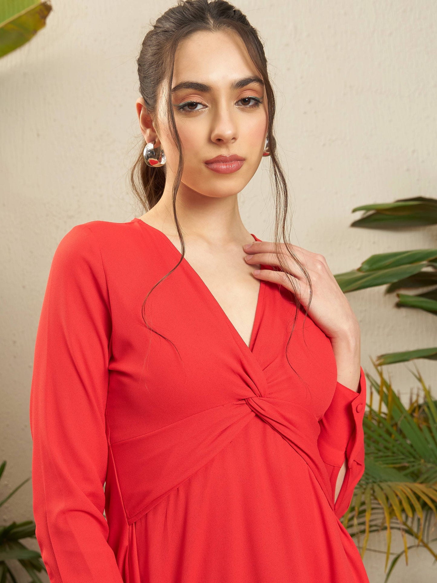 Red Front Twisted Midi Dress