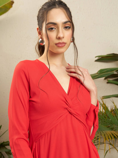 Red Front Twisted Midi Dress