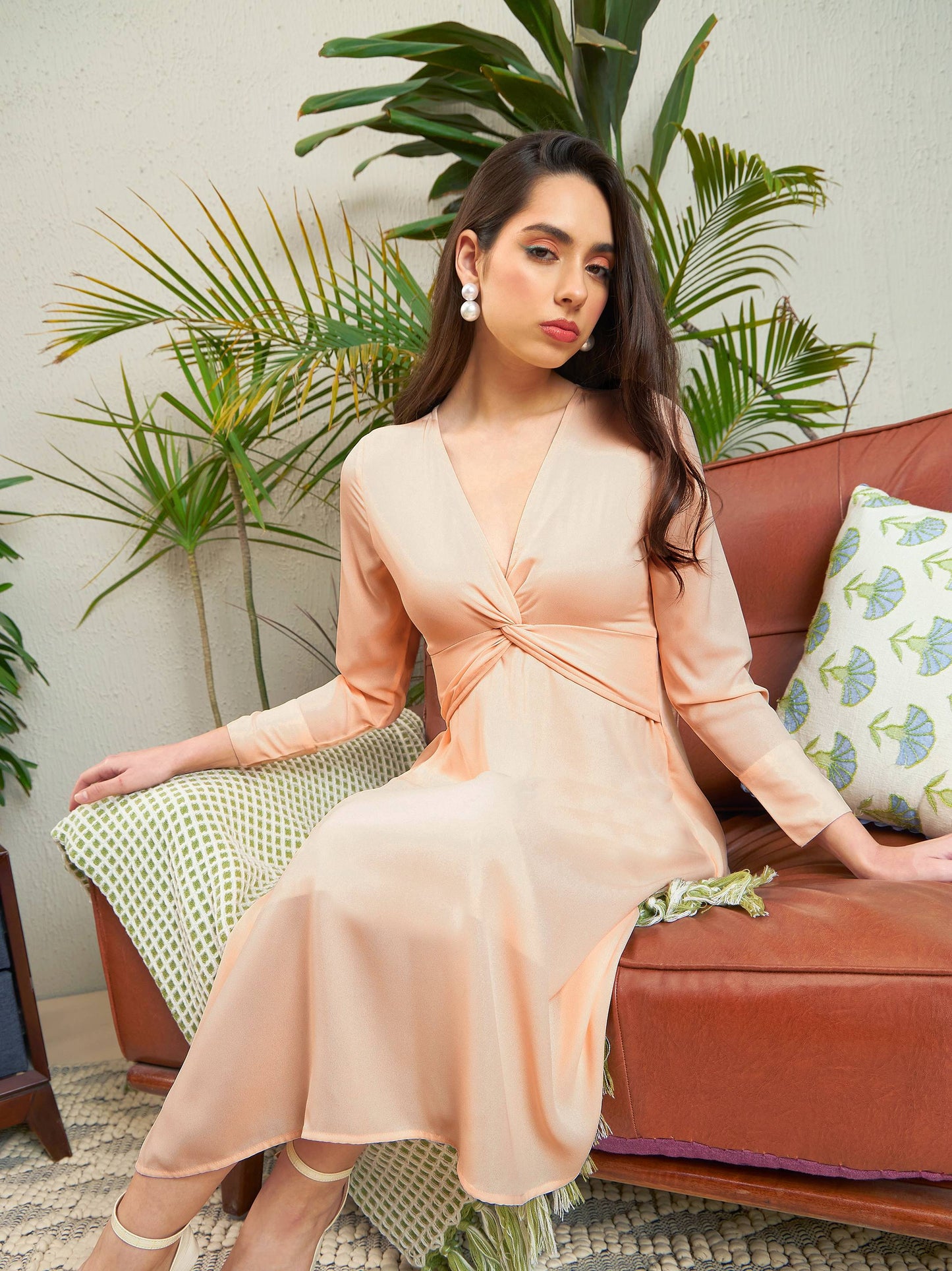 Nude Front Twisted Midi Dress