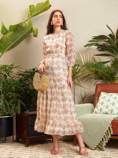 Cream Floral Waist Cut-Out Tiered Dress