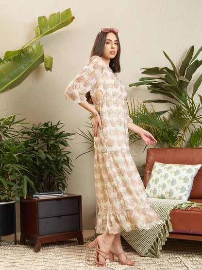 Cream Floral Waist Cut-Out Tiered Dress