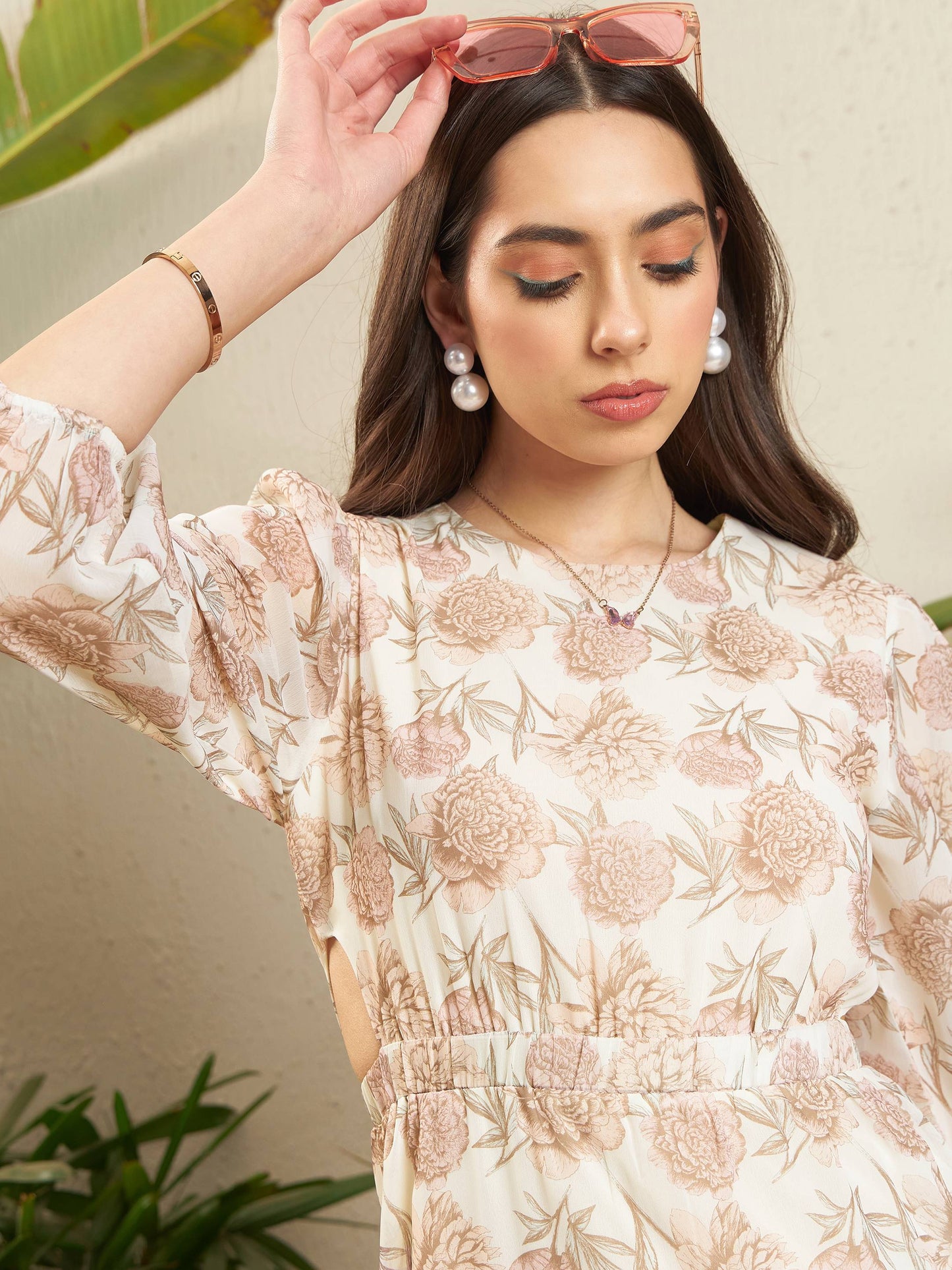 Cream Floral Waist Cut-Out Tiered Dress