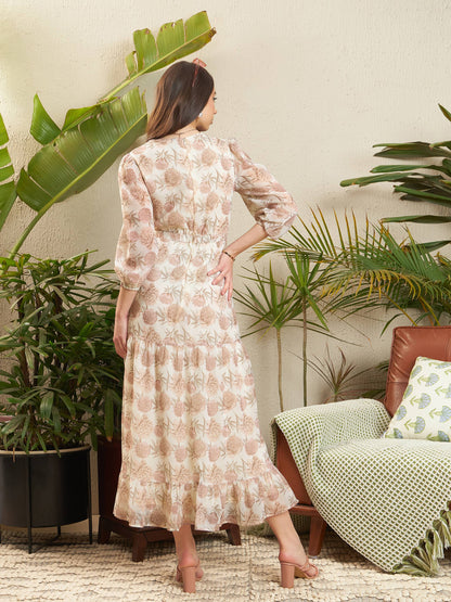 Cream Floral Waist Cut-Out Tiered Dress