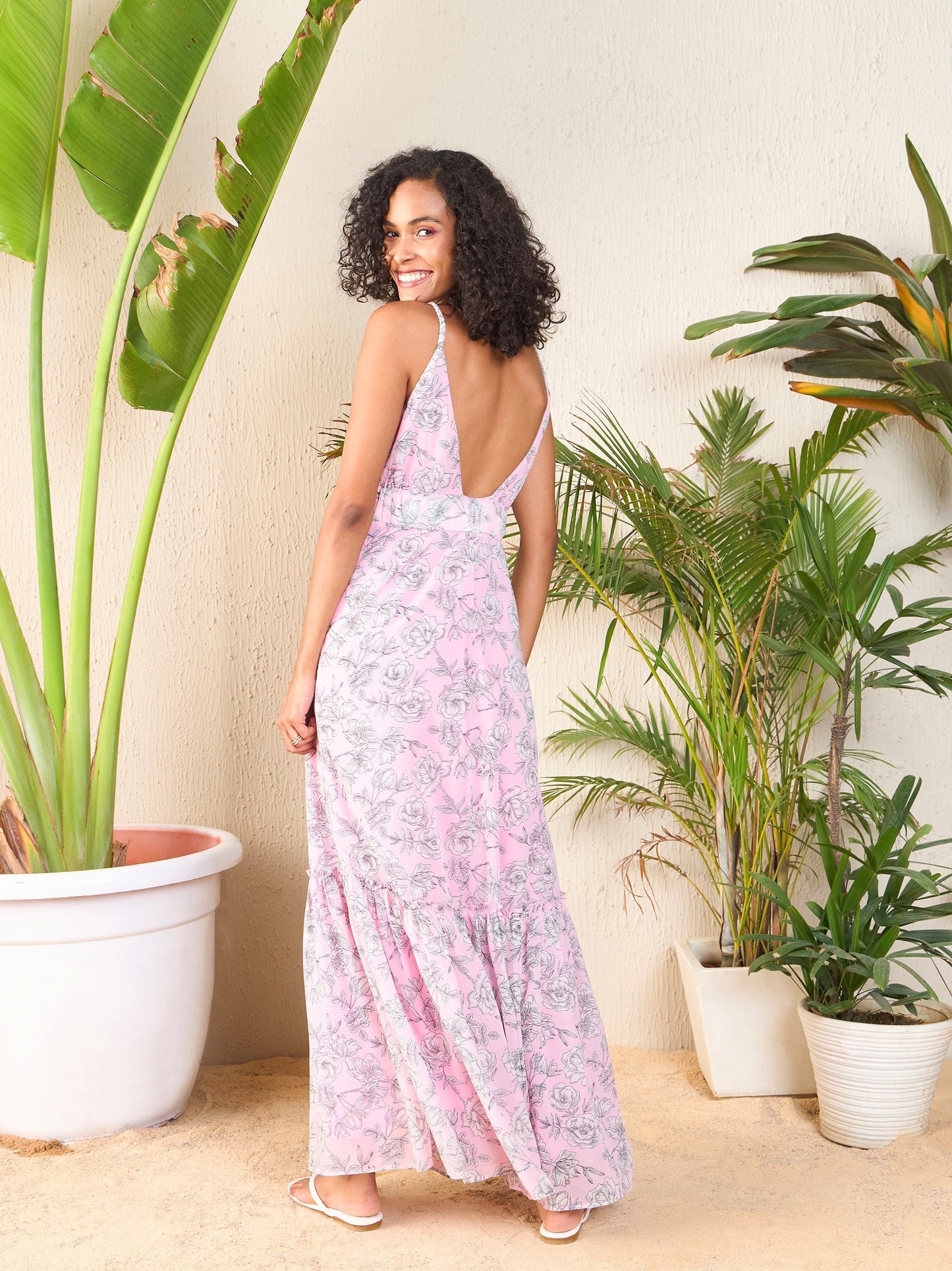 Pink Floral Strappy Wrap Neck Maxi Dress