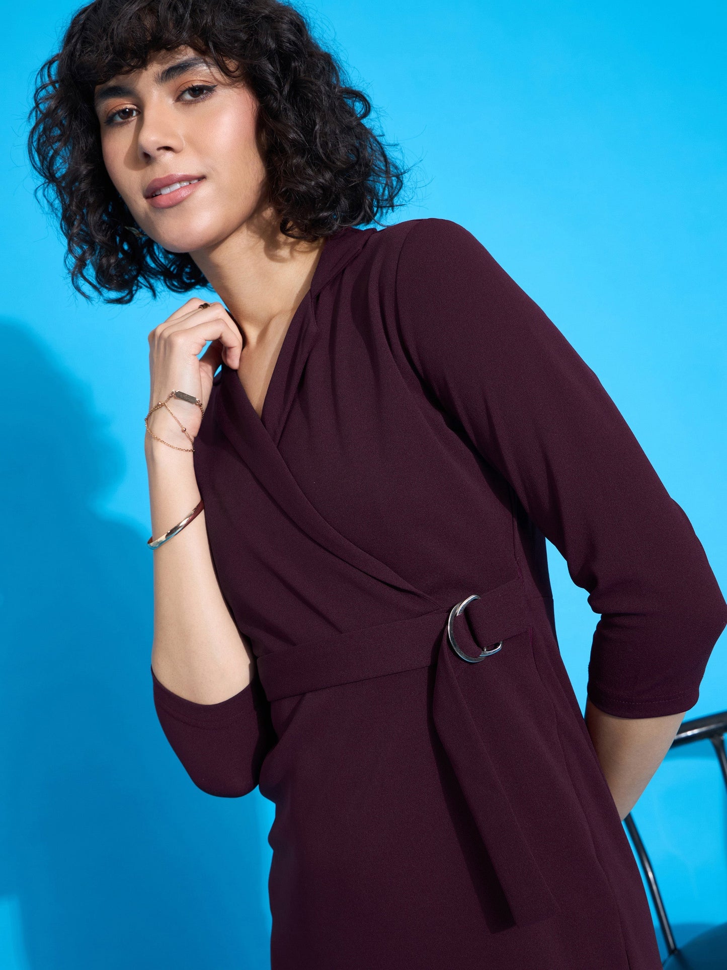Burgundy  Front Wrap Bodycon Midi Dress