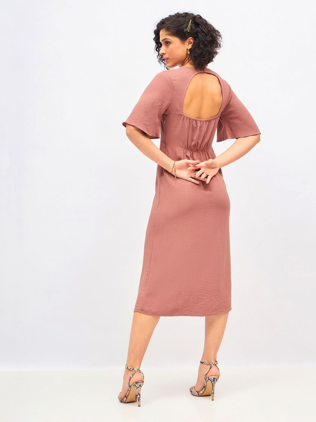 Women Brown Knit Back Cut-Out Midi Dress