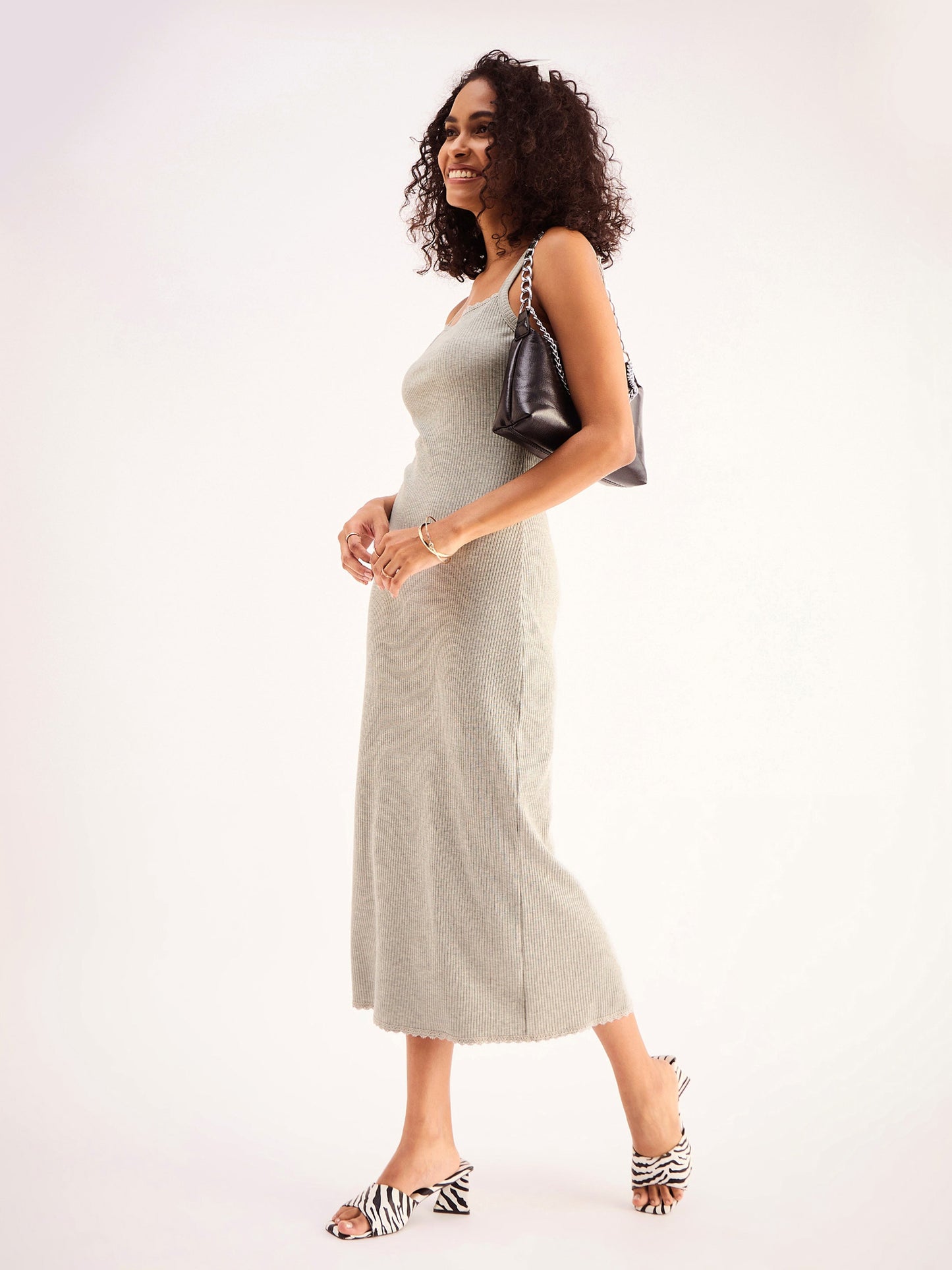 Grey Lace Detail Rib Strappy Midi Dress