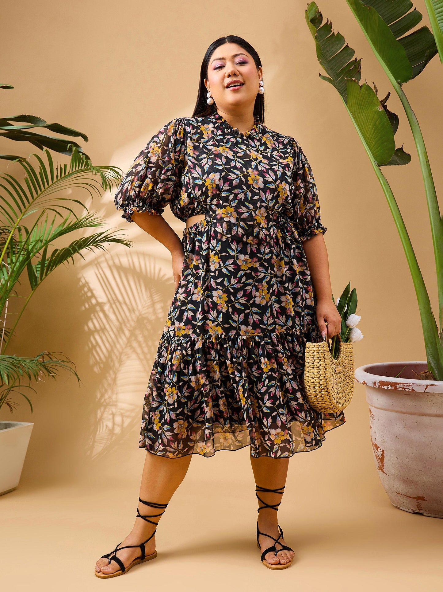 Plus size women's Black Georgette Black Floral Waist Cut Out Dress by Sassafras Curve for wholesale buyers, boutiques, resellers and bulk orders from