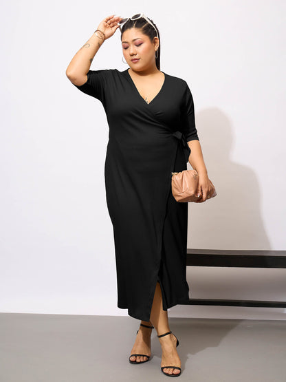 Black Rib Wrap Bodycon Midi Dress