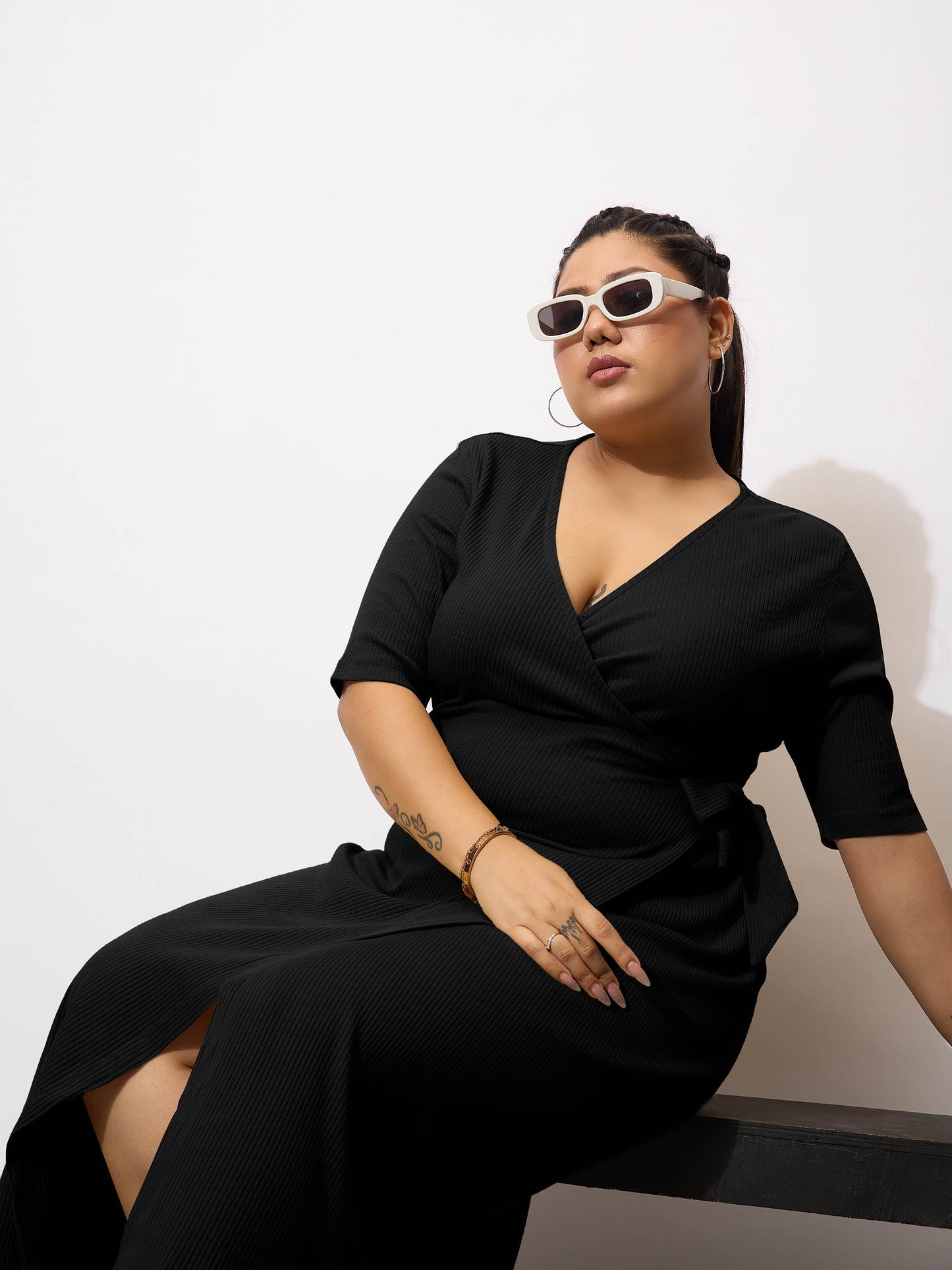 Black Rib Wrap Bodycon Midi Dress
