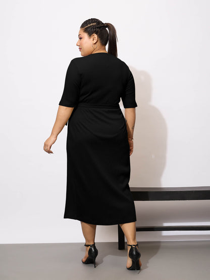 Black Rib Wrap Bodycon Midi Dress
